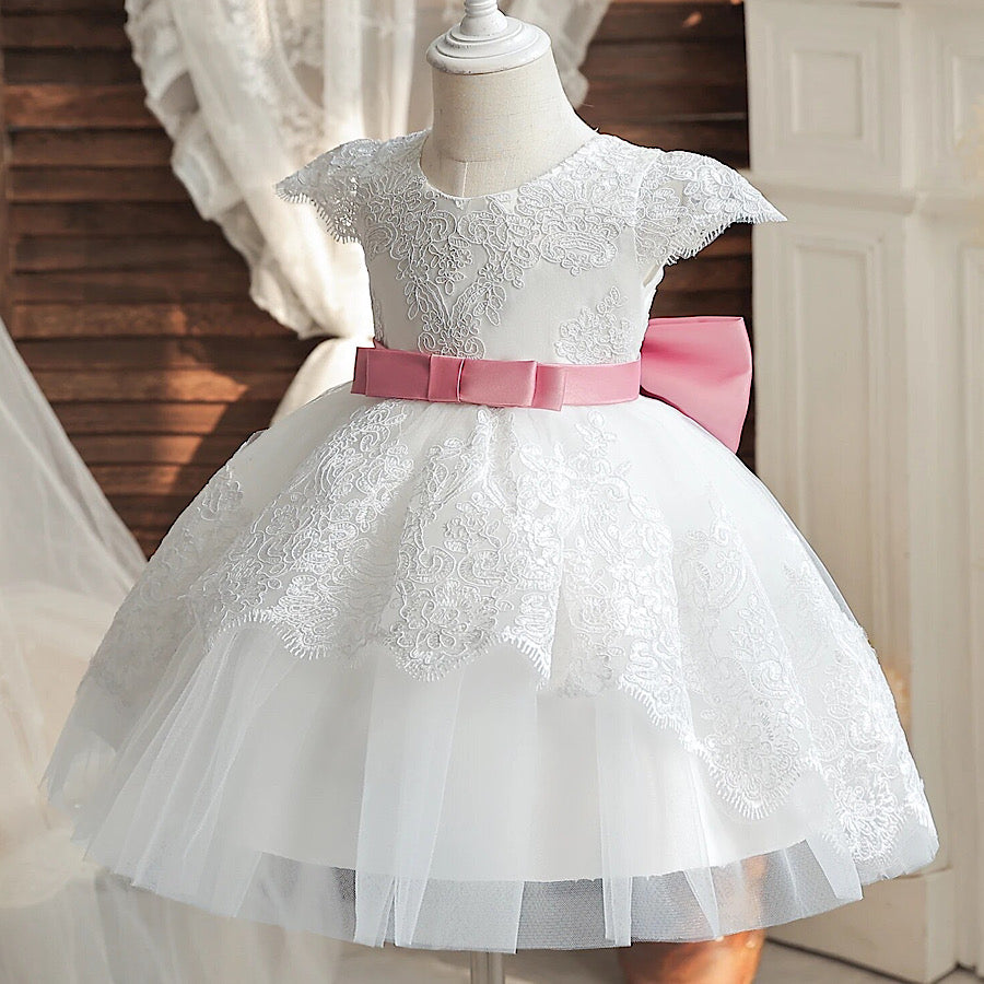 Girls Lace Embroidered Dress White with Pink Satin Bow Dress, Color