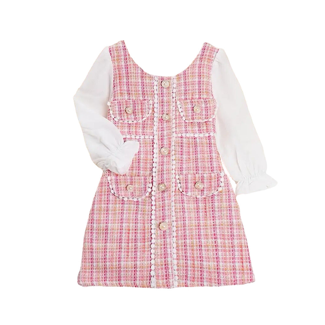 Toddler Girls Pink Plaid Dress Puff Long Sleeve Pearl Spring Dress, Color