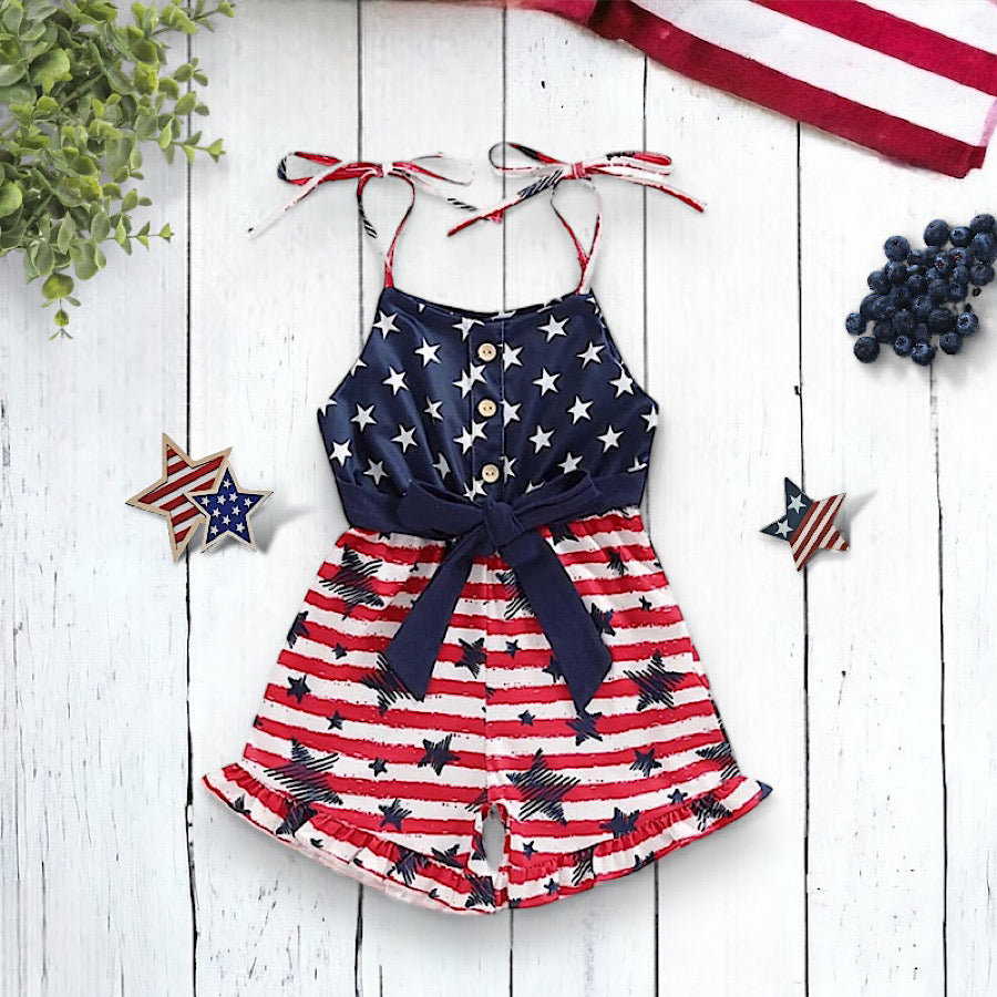 Baby Toddler Girls 4th Of July Outfit Stars and Stripes Ruffle Romper, Front