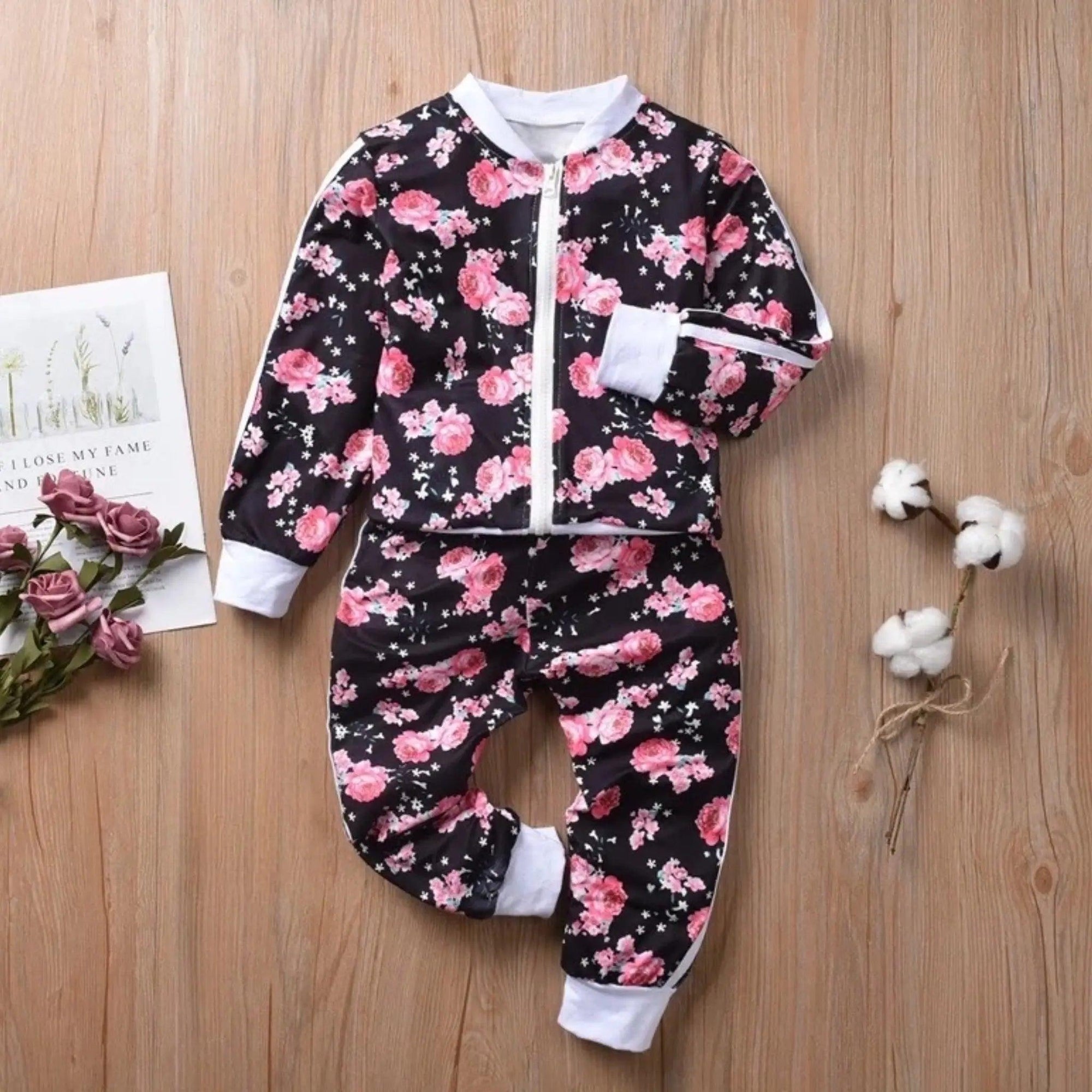 Toddler Girls Pink and Black Floral Zip Up Jacket And Jogger Pants Set Bling Bling Baby Boutique