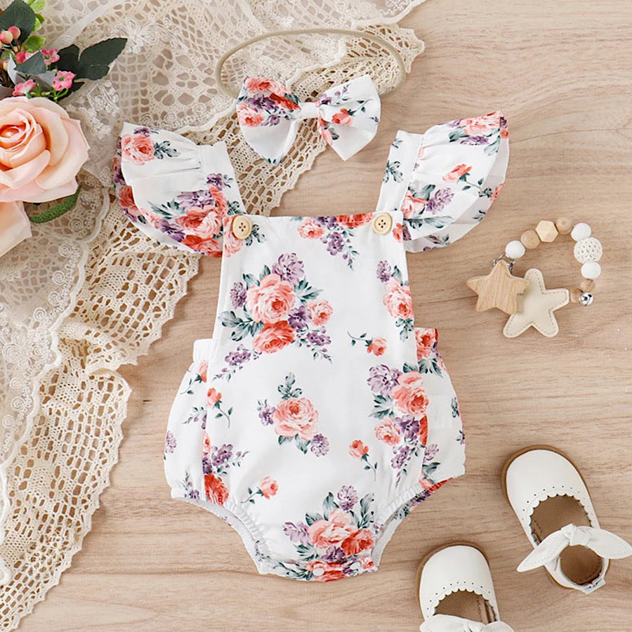 Infant Baby Girls Ruffled Fly Sleeve Floral Print Romper and Headband, Front