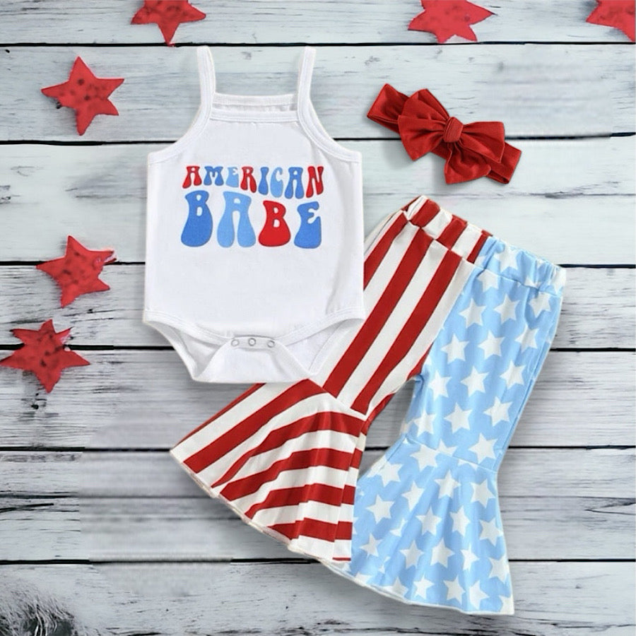 Girls 4th of July American Babe Romper Flared Pants and Bow 3PC Set, Model