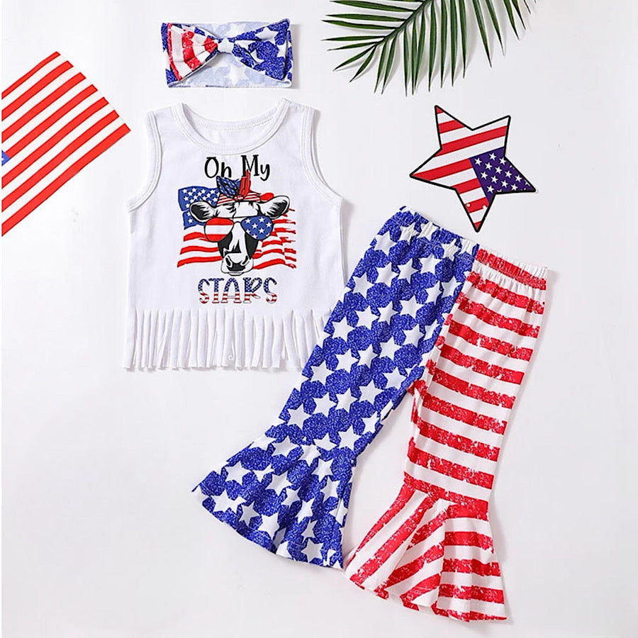 Girls 4th of July Oh My Stars Tassel Top Flared Pants and Bow 3PC Set, Front