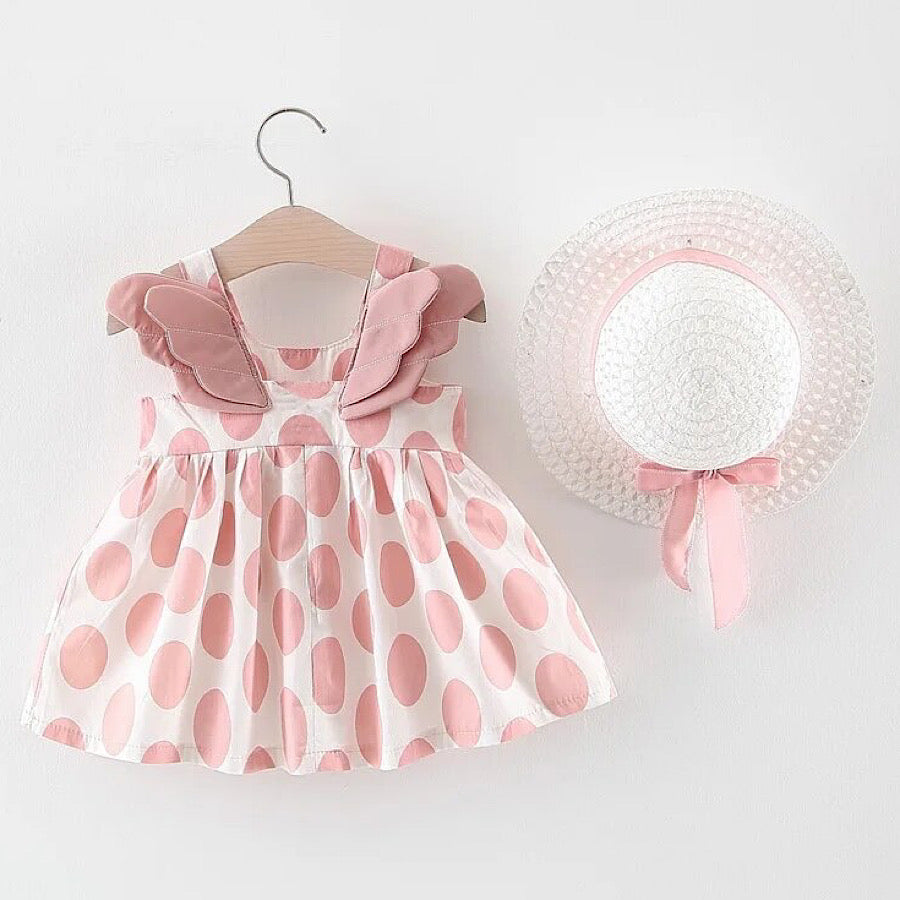 Baby Girl Pink and White Polka Dot Cotton Angel Wing Dress and Hat, Color