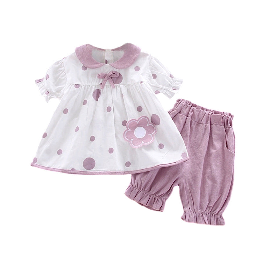 Baby Toddler Girls Purple Dot Print Ruffled Bow Top and Shorts Set, Front