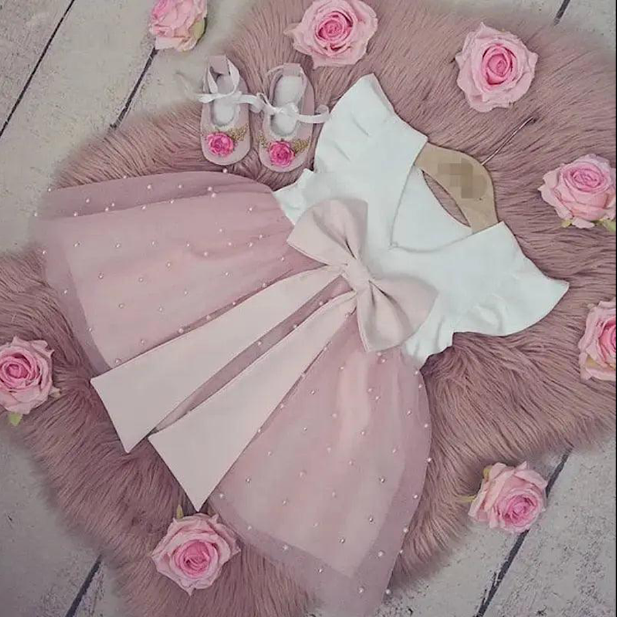 Baby Toddler Girls Pink and White Beaded Tulle Tutu Princess Dress