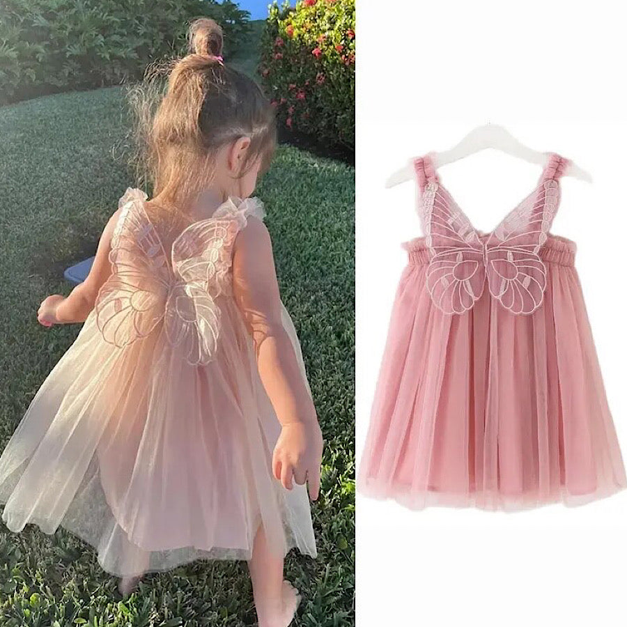 Baby Toddler Girls Butterfly Dress Mesh Tulle Princess Summer Dress, Model Pink