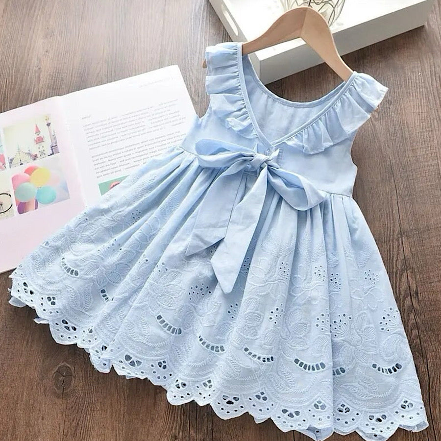 Toddler Girls Sleeveless Blue Ruffled Eyelet Spring Summer Dress, Color