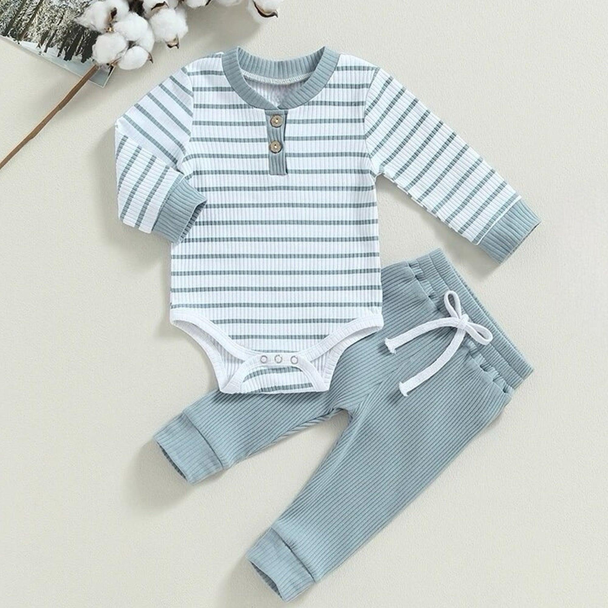 Infant Baby Boy Ribbed Stripe Long Sleeve Cotton Romper and Pants Set Bling Bling Baby Boutique