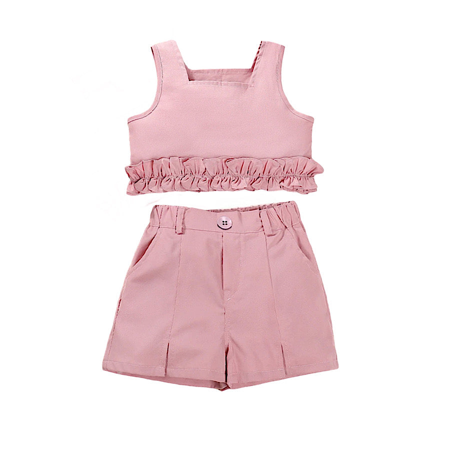 Toddler Girls Summer Pink Two-Piece Ruffled Crop Top and Shorts Set, Front