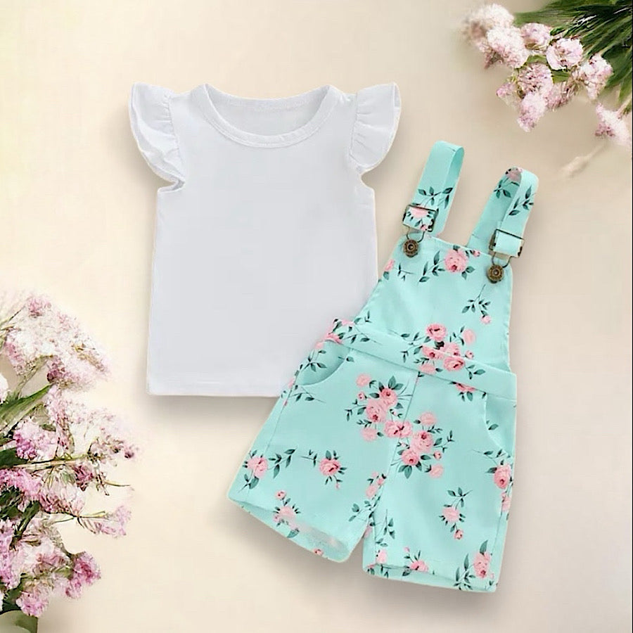 Toddler Girls Ruffled Short Sleeve White Top and Floral Print Overalls, Main Image