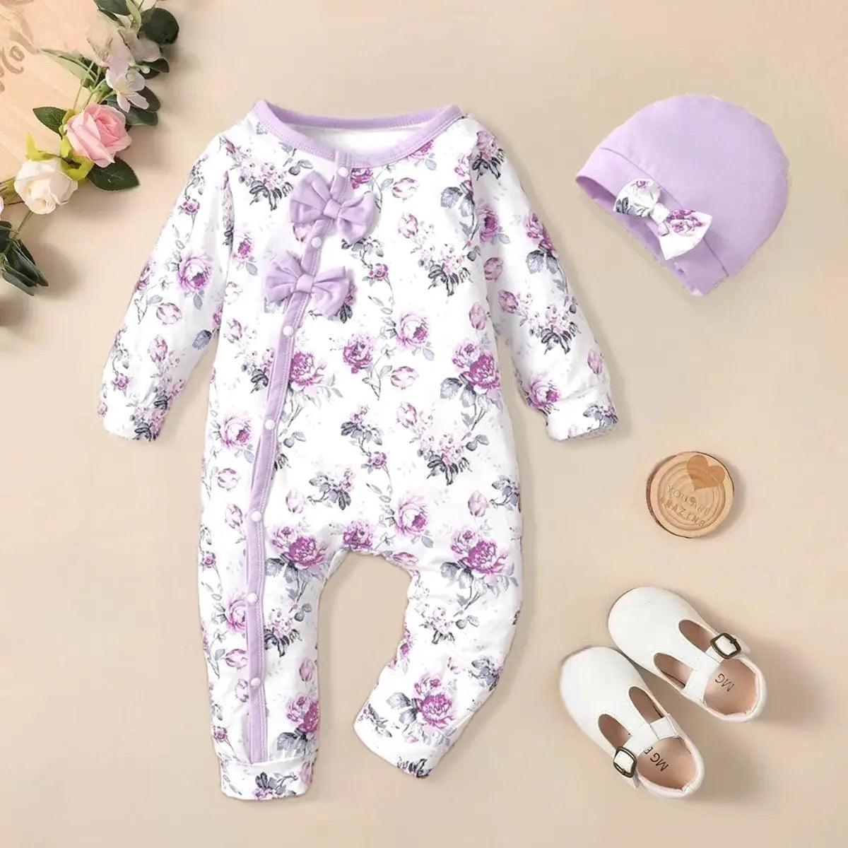 Baby Girls Long Sleeve Floral Print Romper and Hat Set Bling Bling Baby Boutique