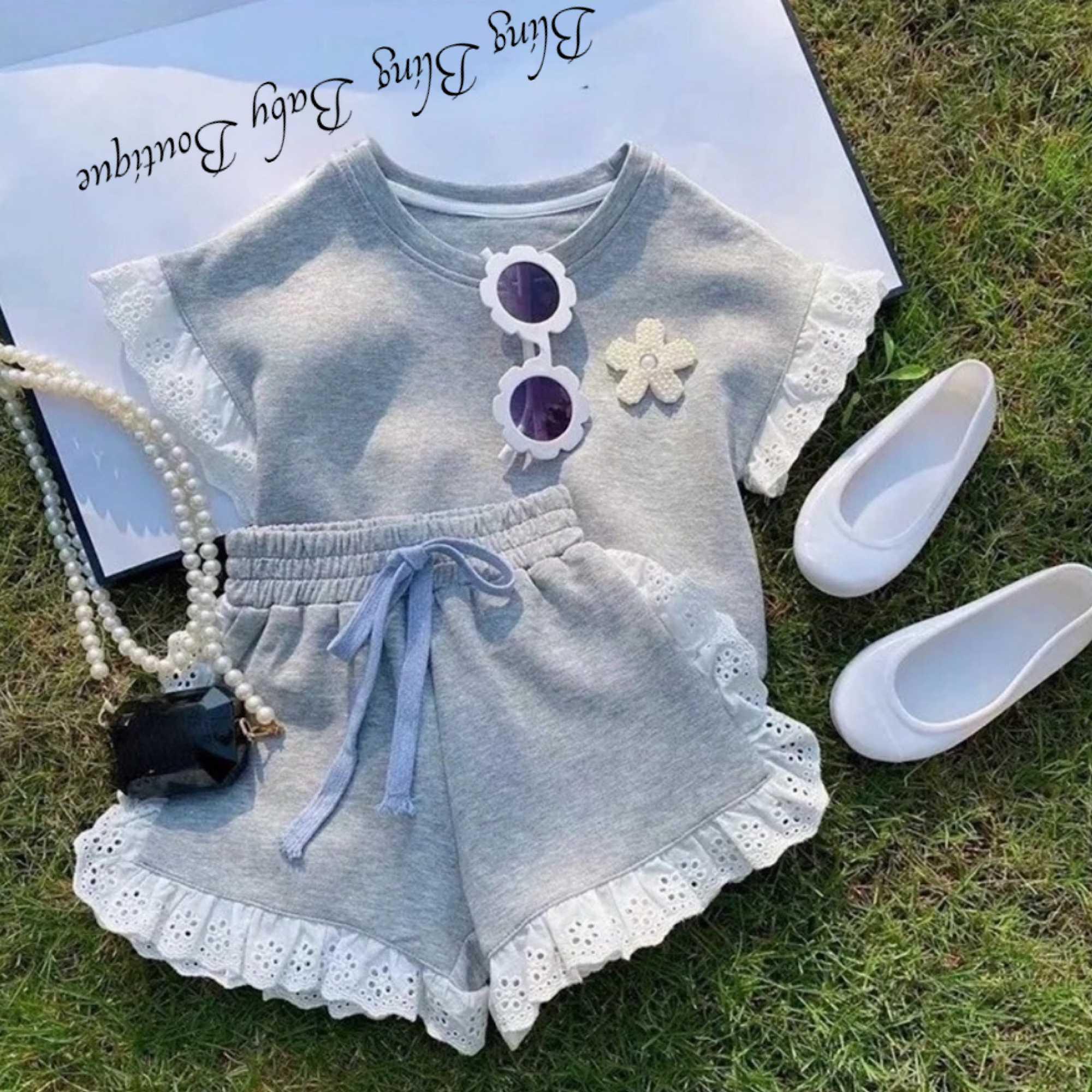 Baby Toddler Girls Gray White Lace Trim Top and Shorts Set, Front