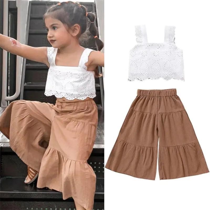 Baby Toddler Girls Lace Crop Top and Brown Wide Leg Pants Bling Bling Baby Boutique