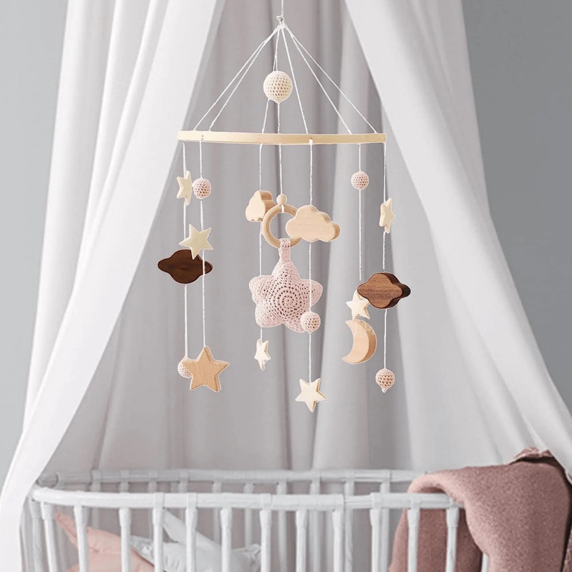 Clouds and Stars Wooden Round Ring Hanging Crib Mobile, color pink