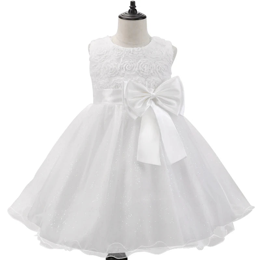 Toddler Girls White Floral Lace Embroidered Sleeveless Bow Tutu Dress, Color White