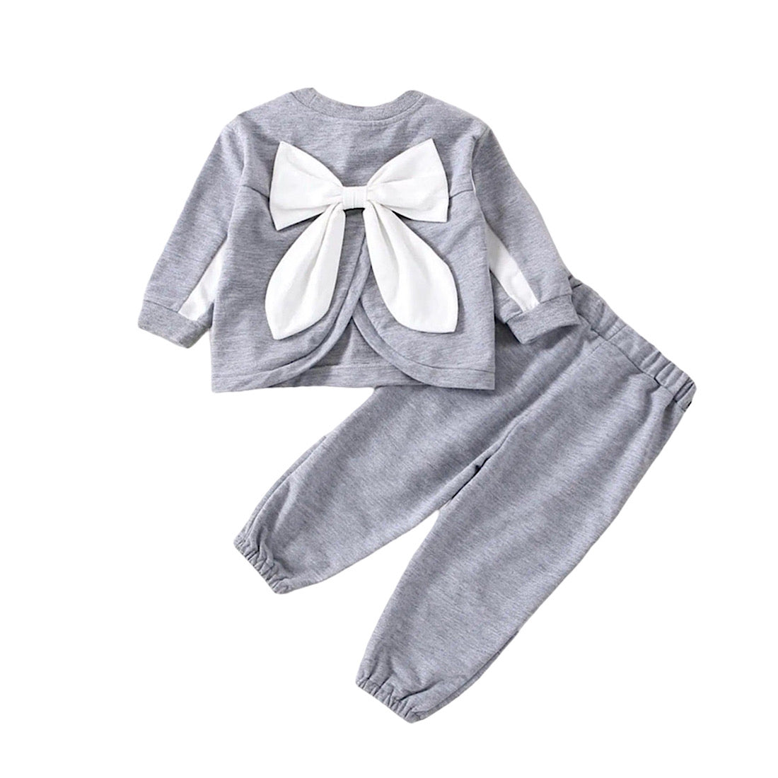 Girls Gray and White Big Bow Split Long Sleeve Top and Joggers Set, Color