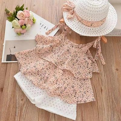 Toddler Girls Floral Chiffon Ruffle Top Crochet Shorts and Hat Bling Bling Baby Boutique