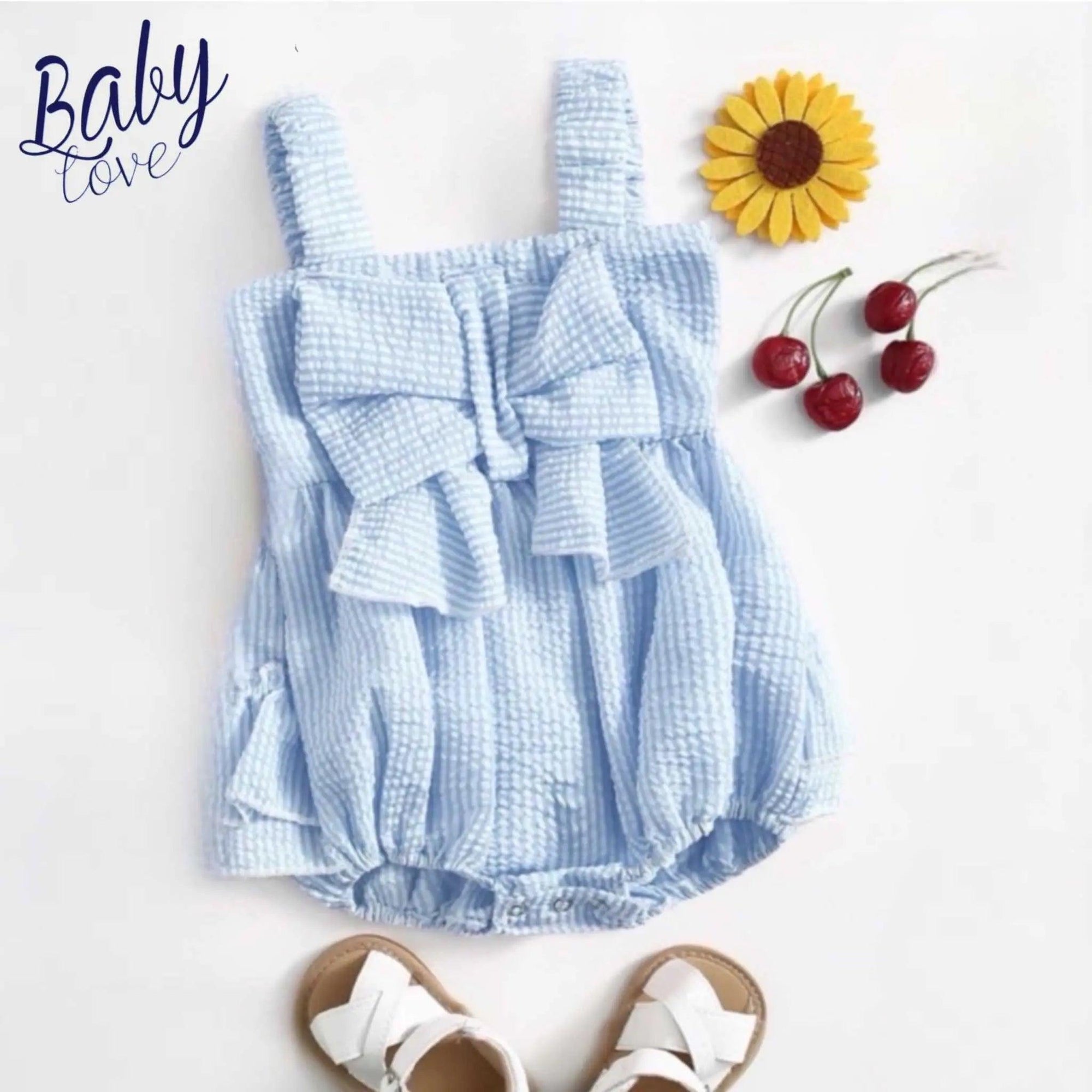 Baby Toddler Girls Blue and White Ruffled Big Bow Summer Romper Bling Bling Baby Boutique