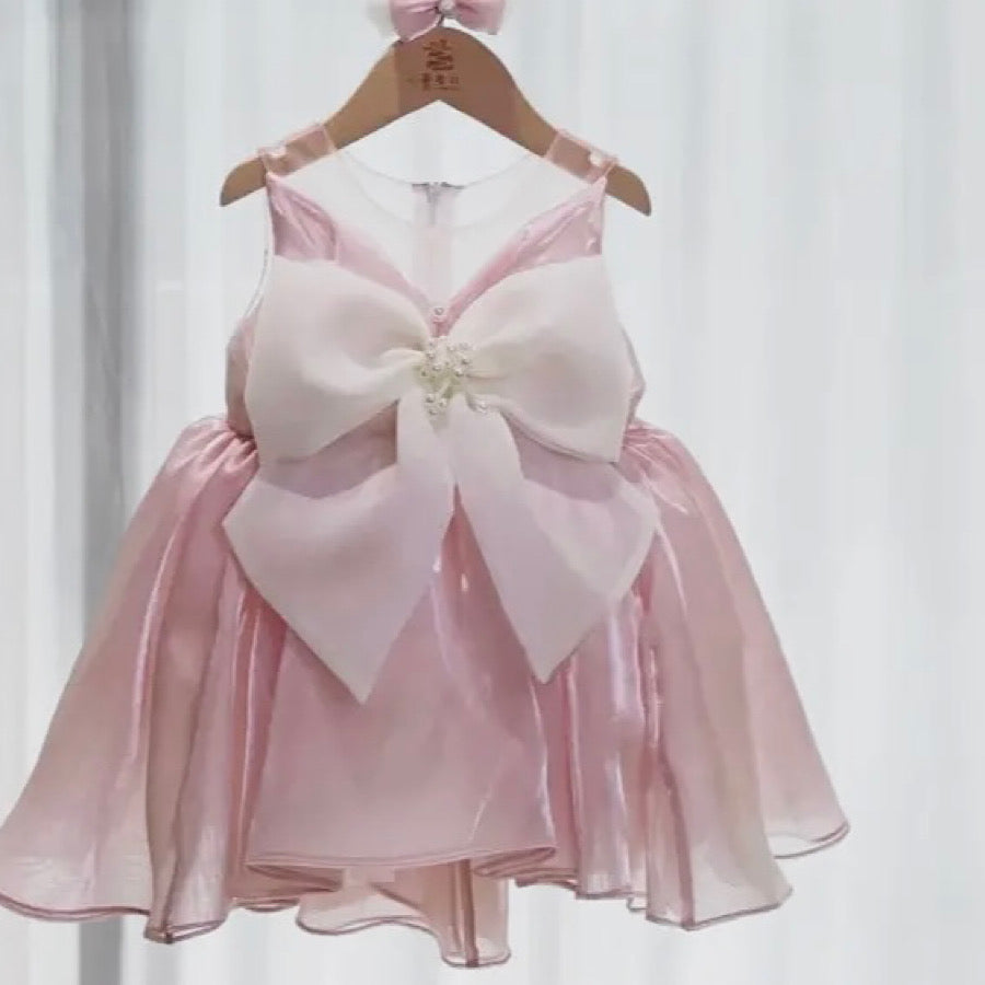 Baby Girls Pink Elegant Dress Sleeveless Tulle Toddler Big Bow Dress, Color