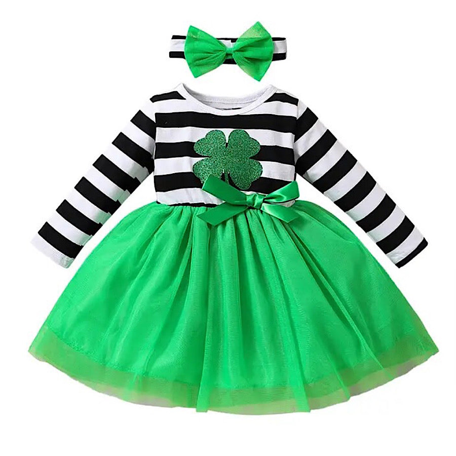 Girls Green and Black Striped Four-Leaf Clover Princess Tutu Dress, Color