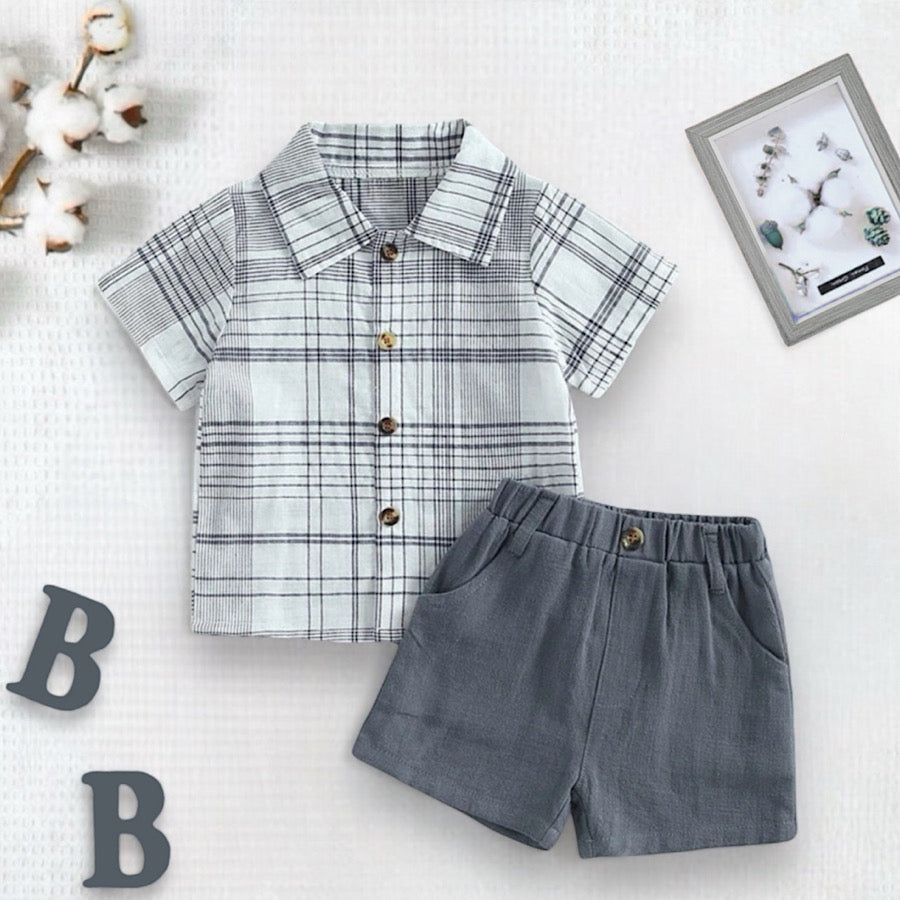 Boys Gray Linen Cotton Button Up Checker Print Shirt and Shorts Set, Main Image