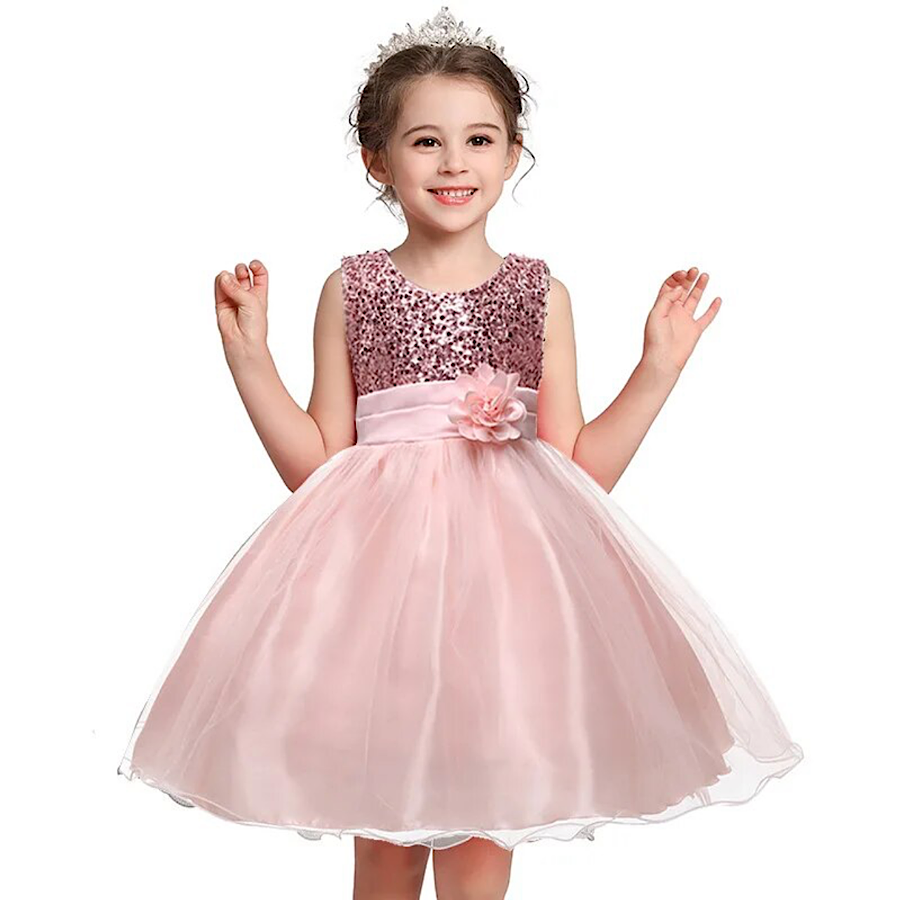 Toddler Girls Pink or Beige Sequin Flower Bow Tutu Princess Dress, Model One