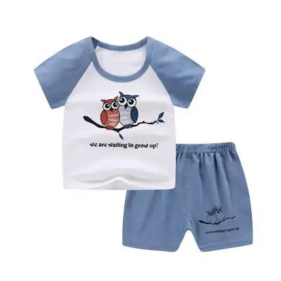 Baby Toddler Boy Owl Print Cotton Short Sleeve Tee and Blue Shorts Set, Color