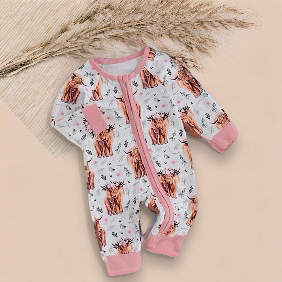 Infant Baby Girls Pink Highland Cow Print Western Clothes Romper, Color
