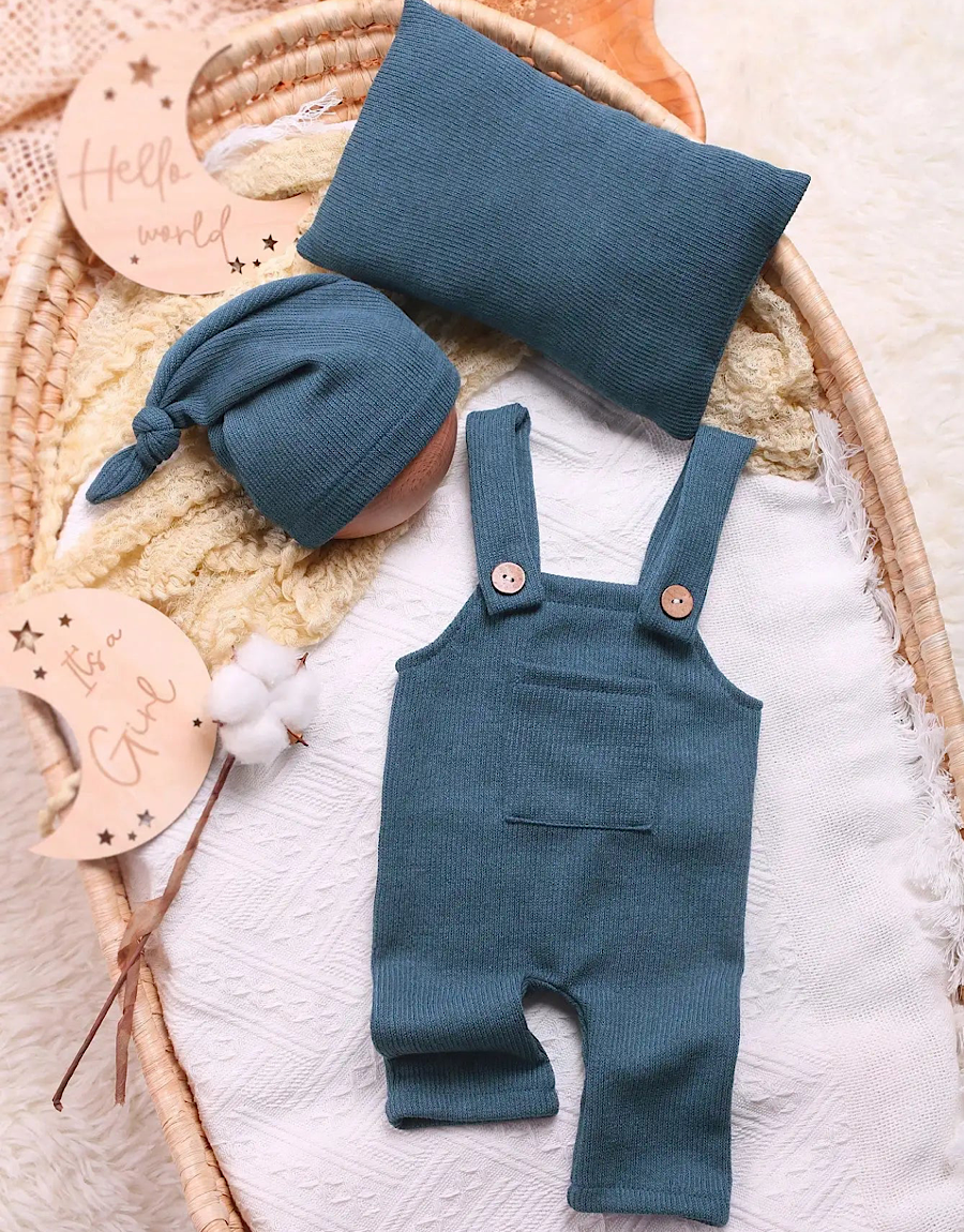 Newborn Photo Shoot Navy Blue Overalls with Sleepy Hat Pillow Set, Main Image