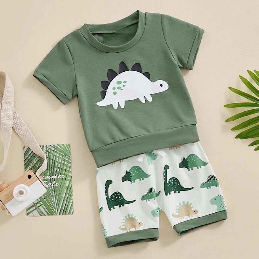 Boys Summer Clothes Set Dinosaur Print Short Sleeve Tee and Shorts, Color