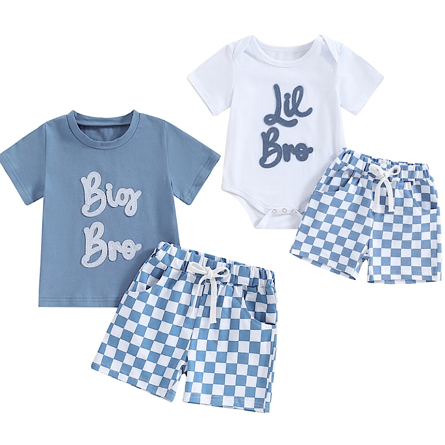 Baby Toddler Blue Little Big Bro Cotton Tee and Checkered Shorts, Main Photo