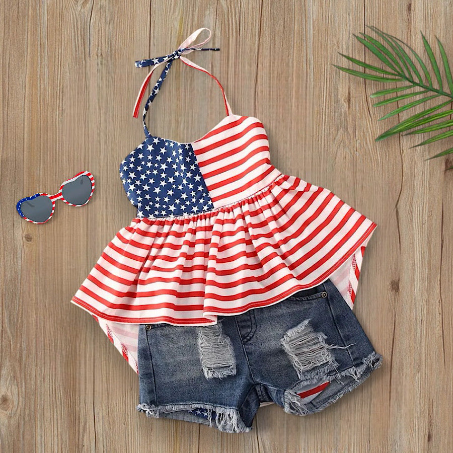 Girls 4th of July Stars and Stripes Halter Top and Denim Shorts Set, Front