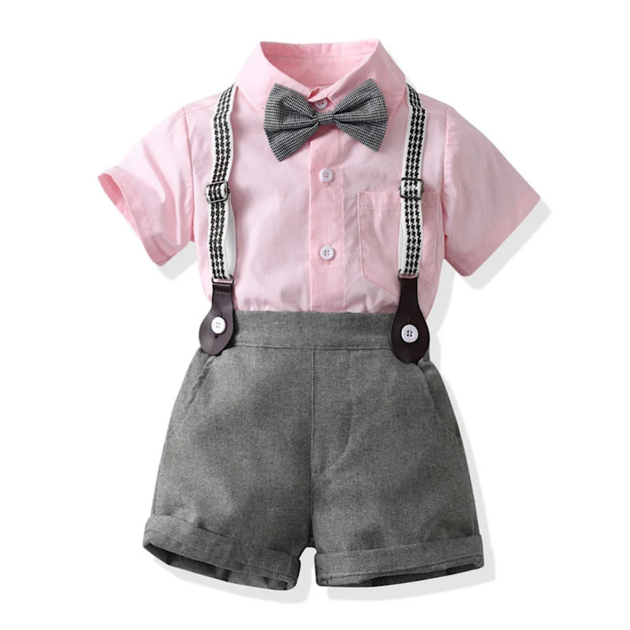Baby Toddler Boys Suit Suspender Shorts Bowtie Shirt 4PC Set, Color Pink