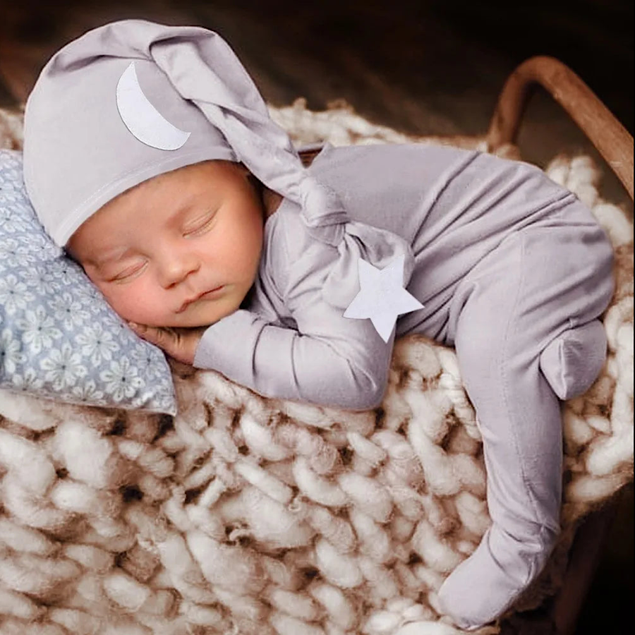Newborn Boy Gray Footie Romper Jumpsuit Star Hat Photoshoot Outfit, Model One