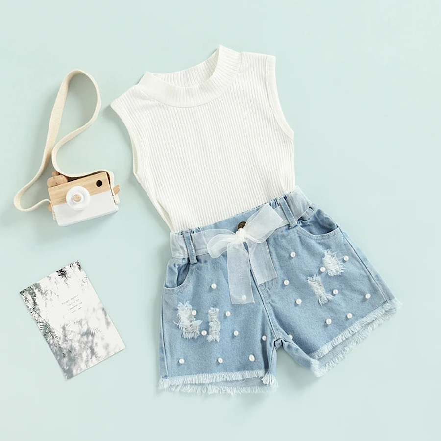 Toddler Girl 2PC Set White Sleeveless Top and Distressed Denim Shorts, Color