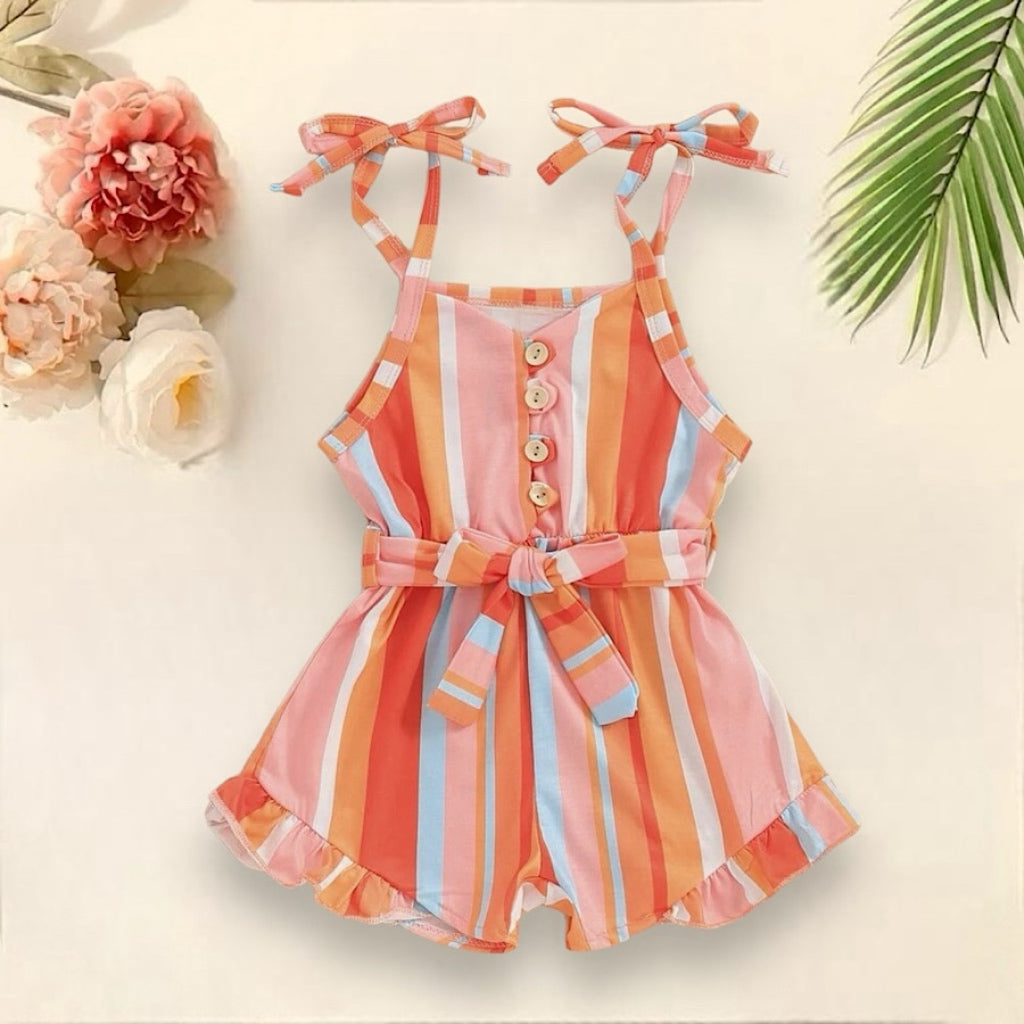 Girls Romper Summer Stripes and Floral Print Jumper One Piece Outfit, Main Image