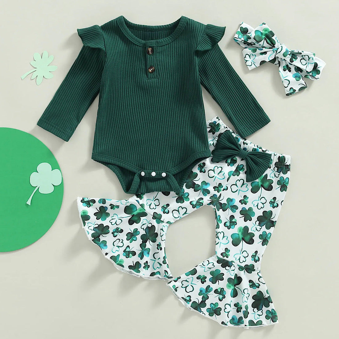 Baby Girl St. Patricks Day Long Sleeve Green Romper Clover Flared Pant, Color