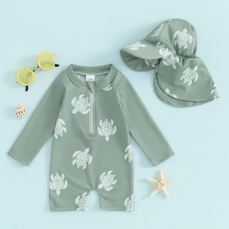 Boys Green Turtle Print Rash Guard One Piece and Hat 2PC Set, Color