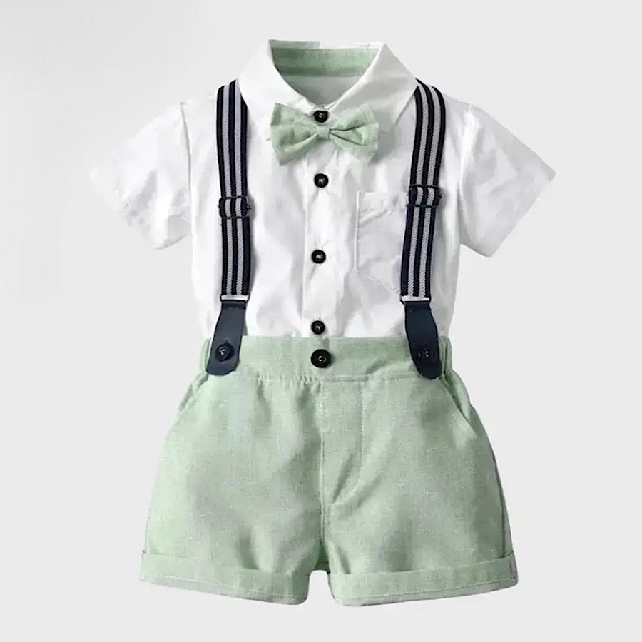 Baby Toddler Boys Easter Suspender Shorts Bowtie and Shirt 4PC Set, Front Green