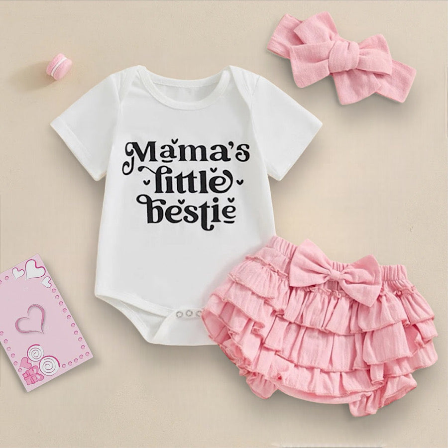 Baby Girl White Mamas Little Bestie Onesie Pink Ruffled Shorts and Bow