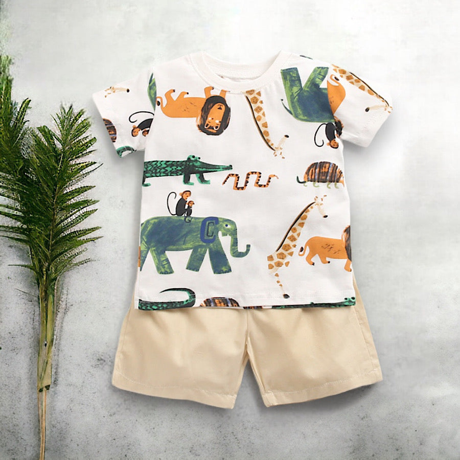 Boys Animal Print Short Sleeve Tee Shirt and Shorts 2PC Clothing Set, Front