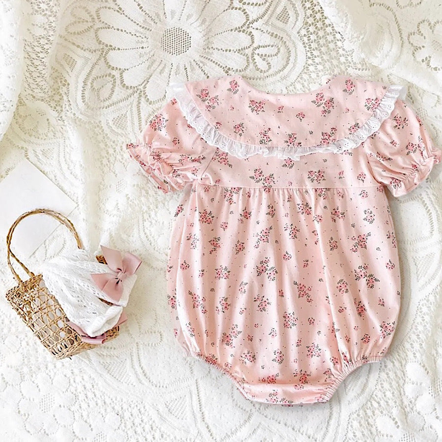 Baby Girls Pink Floral Cotton Romper Lace Trim One Piece Outfit, Front