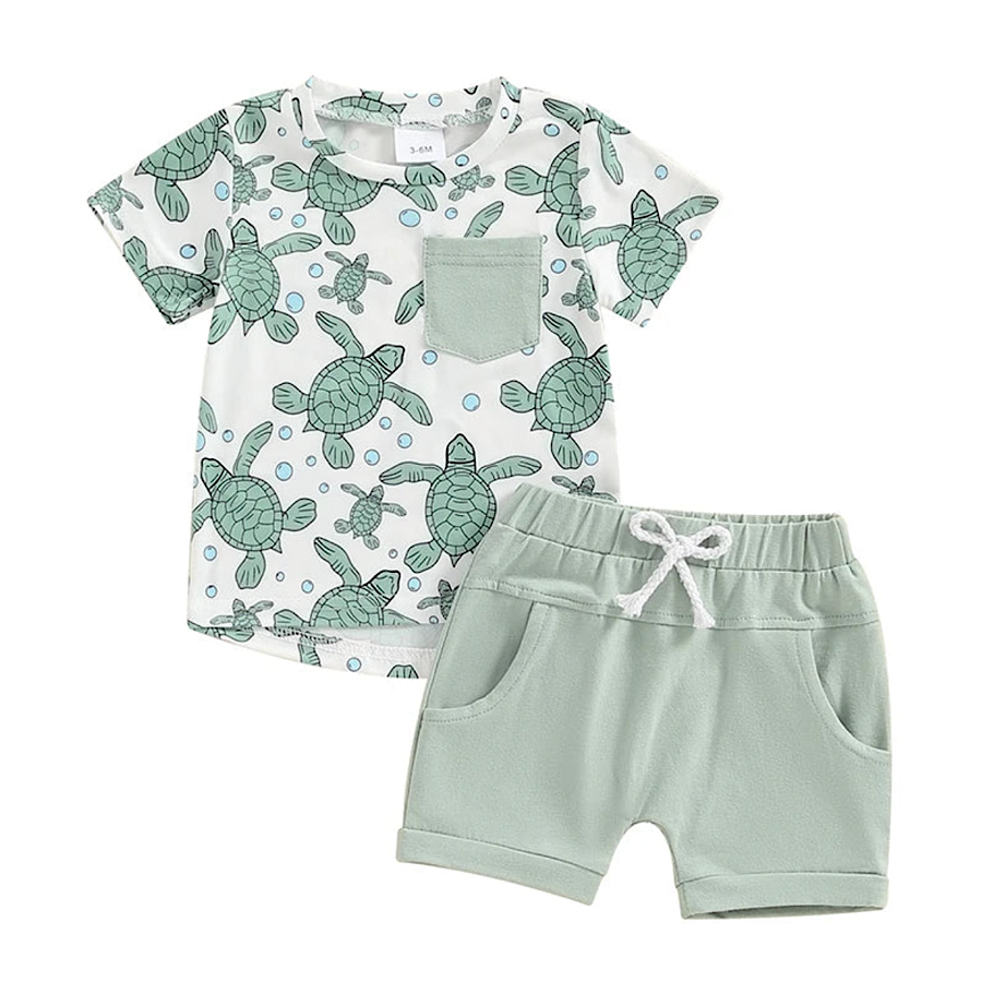 Baby Toddler Boy Light Green Turtle Print Short Sleeve Tee and Shorts, Color