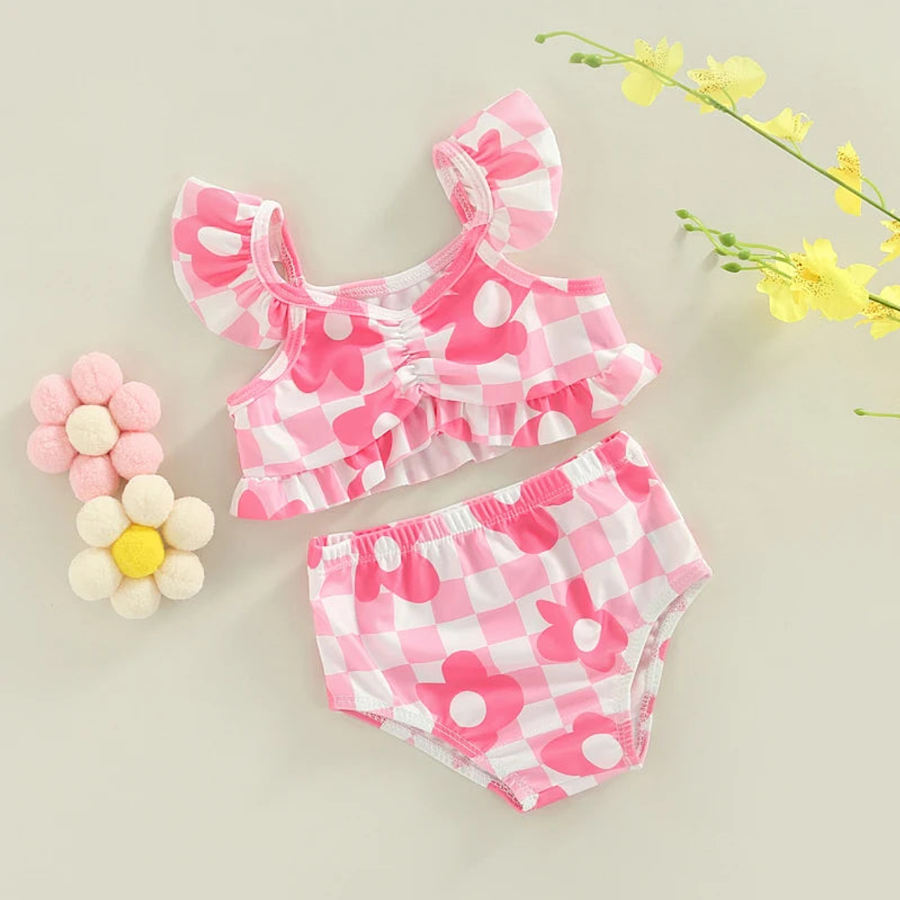 Baby and Toddler Girls Pink and White Floral Print Ruffled Bikini Set, Front