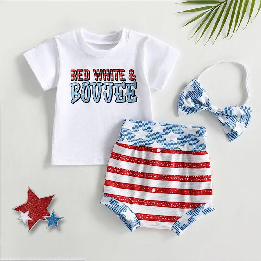 Baby Toddler Girls 4th of July Red White and Boujee 3PC Clothing Set, Main Image