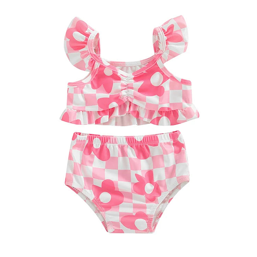 Baby and Toddler Girls Pink and White Floral Print Ruffled Bikini Set, Front