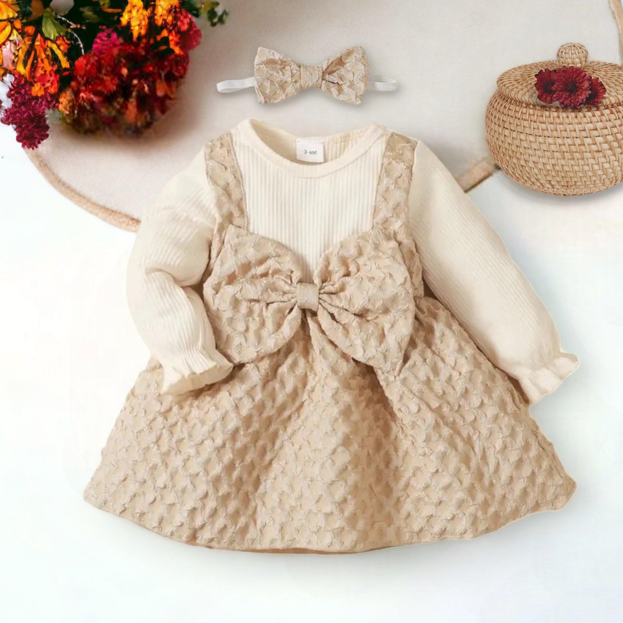 Baby Girls Two Toned Beige Long Sleeve Bow Dress and Headband, color
