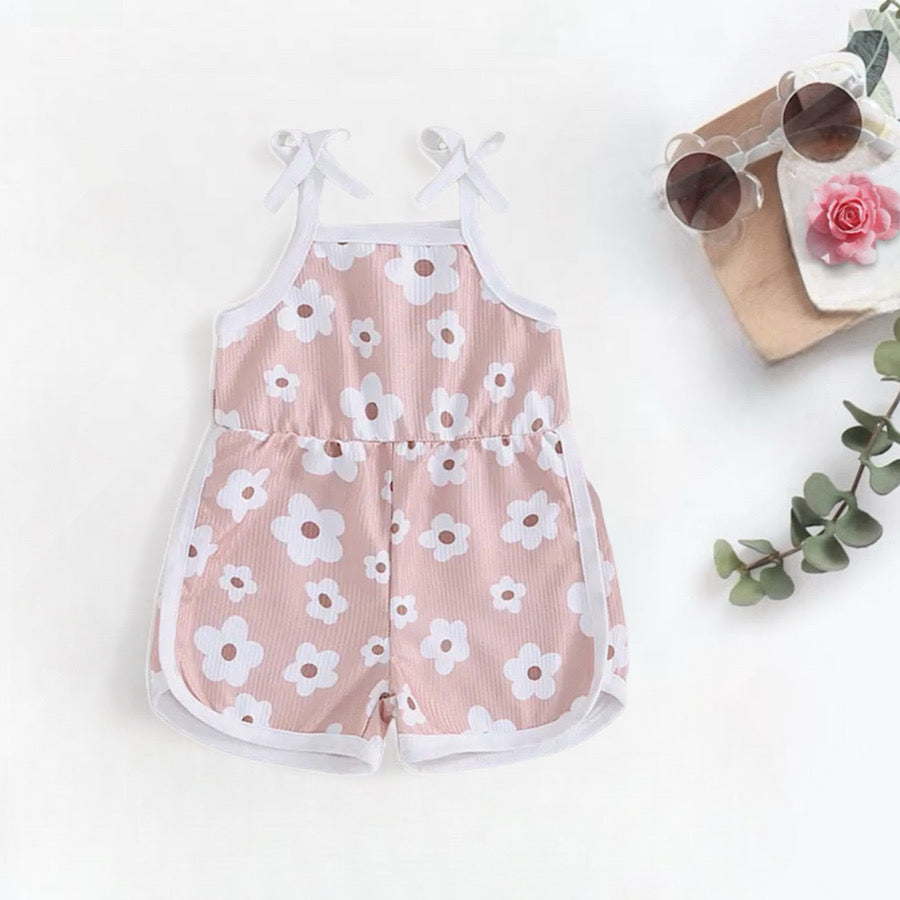 Toddler Girl Spaghetti Strap Romper Pink and White Floral Print Jumper, Color White Pink/Floral
