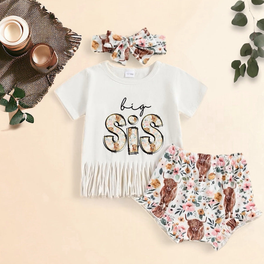 Girls Matching Sister Outfit Western Highland Cow Tassel Tee Short Set, Main Image